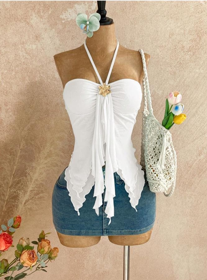 2026 New Women's Irregular Hem Mesh Top with Metal Decoration Halter Vest for Europe and America Cross-border