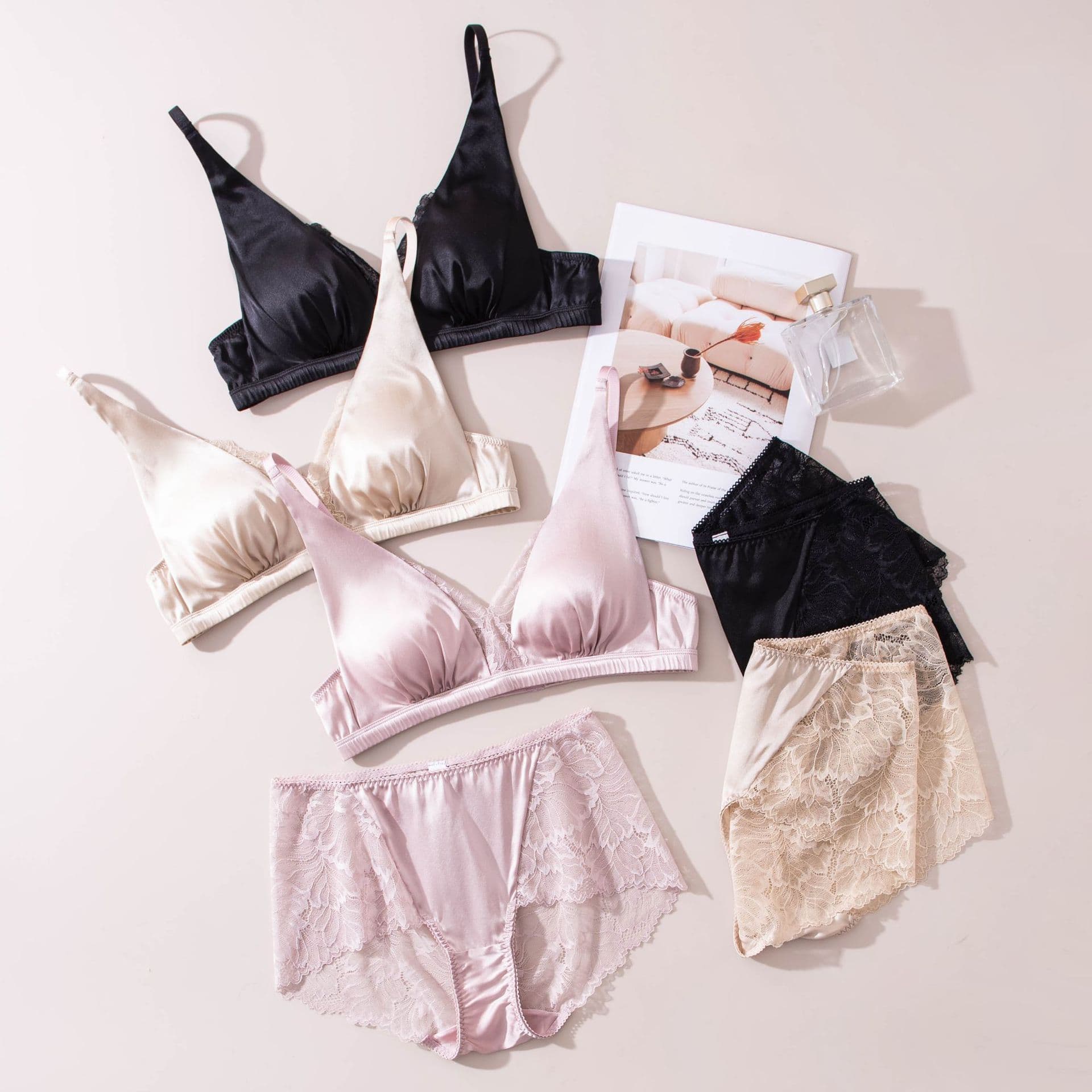 Sexy bra set, French triangle cup, silk satin V-neck, wire-free silk lingerie, lace panty set