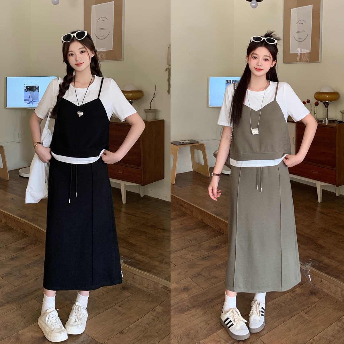 Clear real shot 2026 summer new plus size faux two-piece short sleeve T-shirt and skirt set casual two-piece set 64528