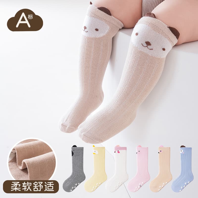 Cartoon infant socks, autumn/winter anti-slip dotted adhesive baby socks, pure polyester-cotton newborn mid-long tube over-knee socks wholesale