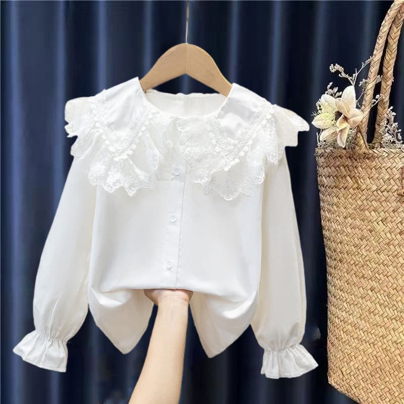 Kids Shirt White Long Sleeve Spring Autumn Class Uniform Performance Costume Lace Girls Student Uniform 2025 New Style Girls Spring Autumn