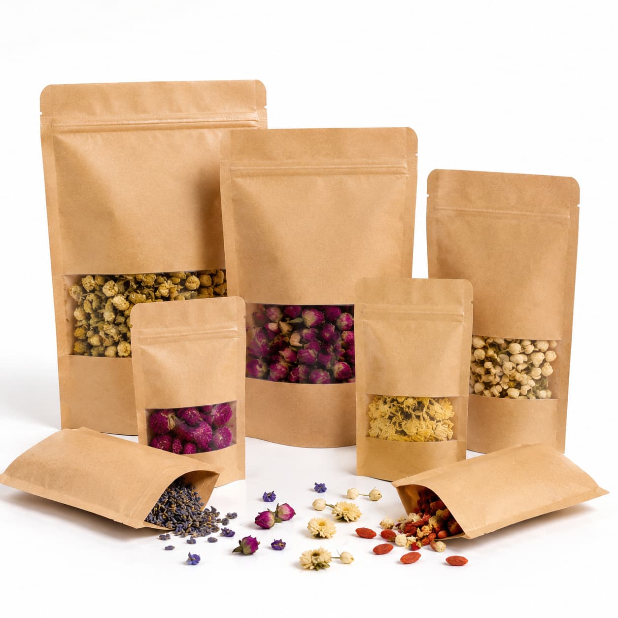 Stand-Up Kraft Paper Ziplock Bag with Window Custom Food Tea Packaging