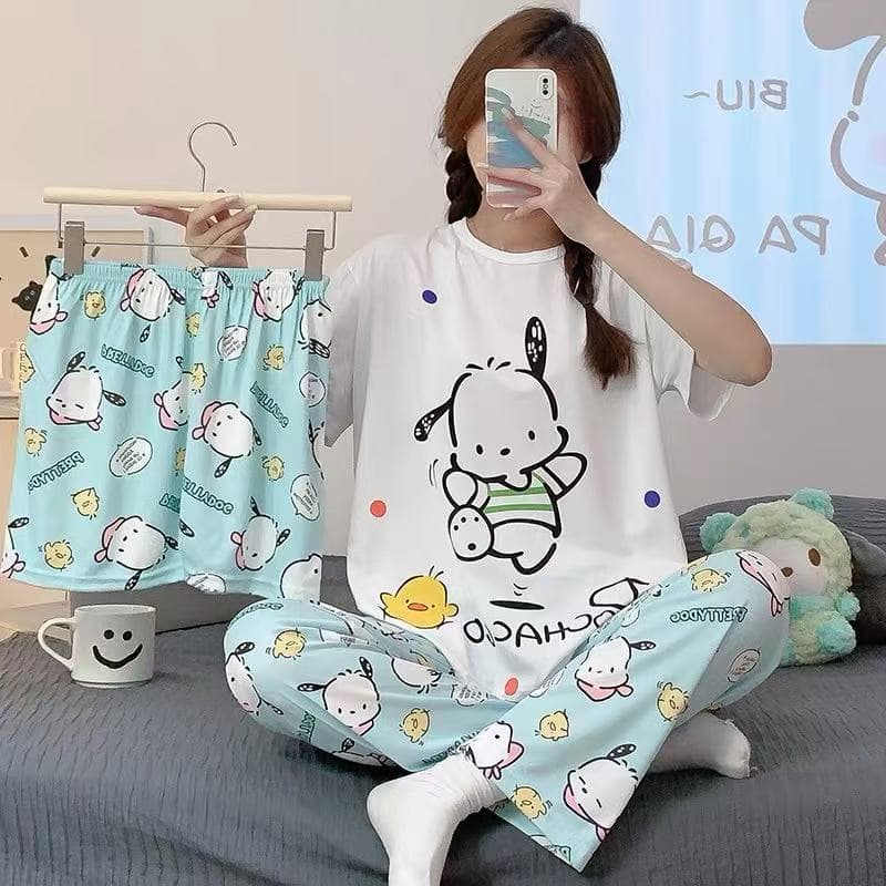 Cross-Border E-commerce 3-Piece Pajama Set Women Summer Short Sleeve Long Pants Cartoon Loose Pajamas Women Summer Homewear Suit