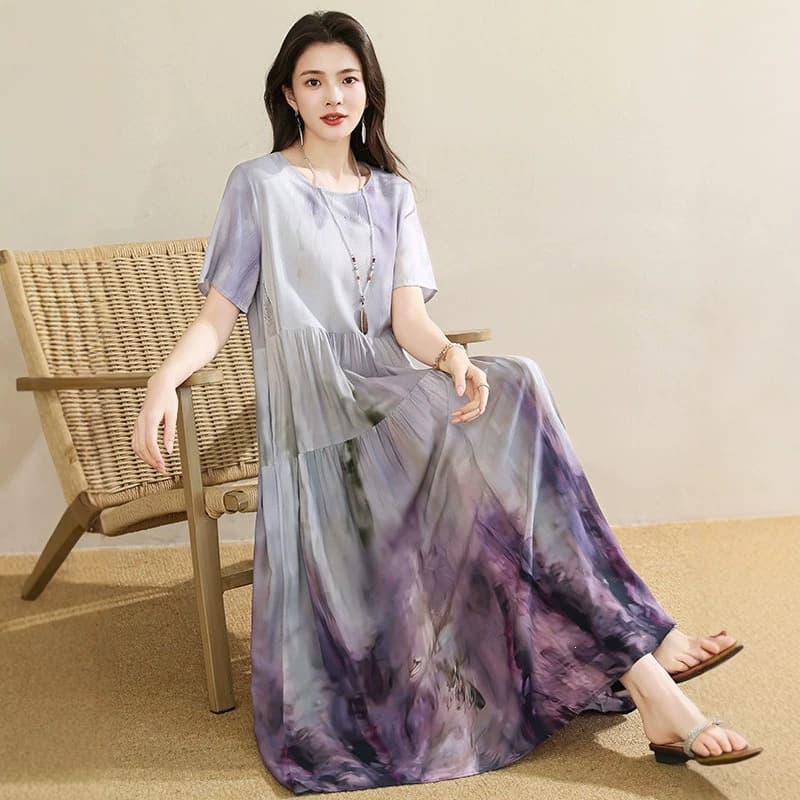 New high-end cotton silk dress for middle-aged and elderly women, summer large size a-line skirt, temperament mother's artificial cotton long skirt
