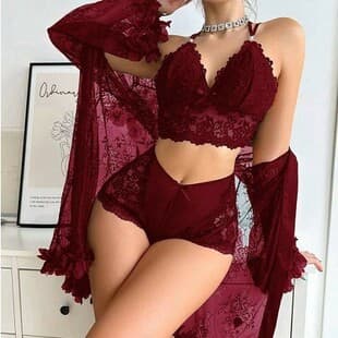 2026 New Lingerie Three-Piece Set Lace Bra Shorts See-Through Lace Trim Jacket Black