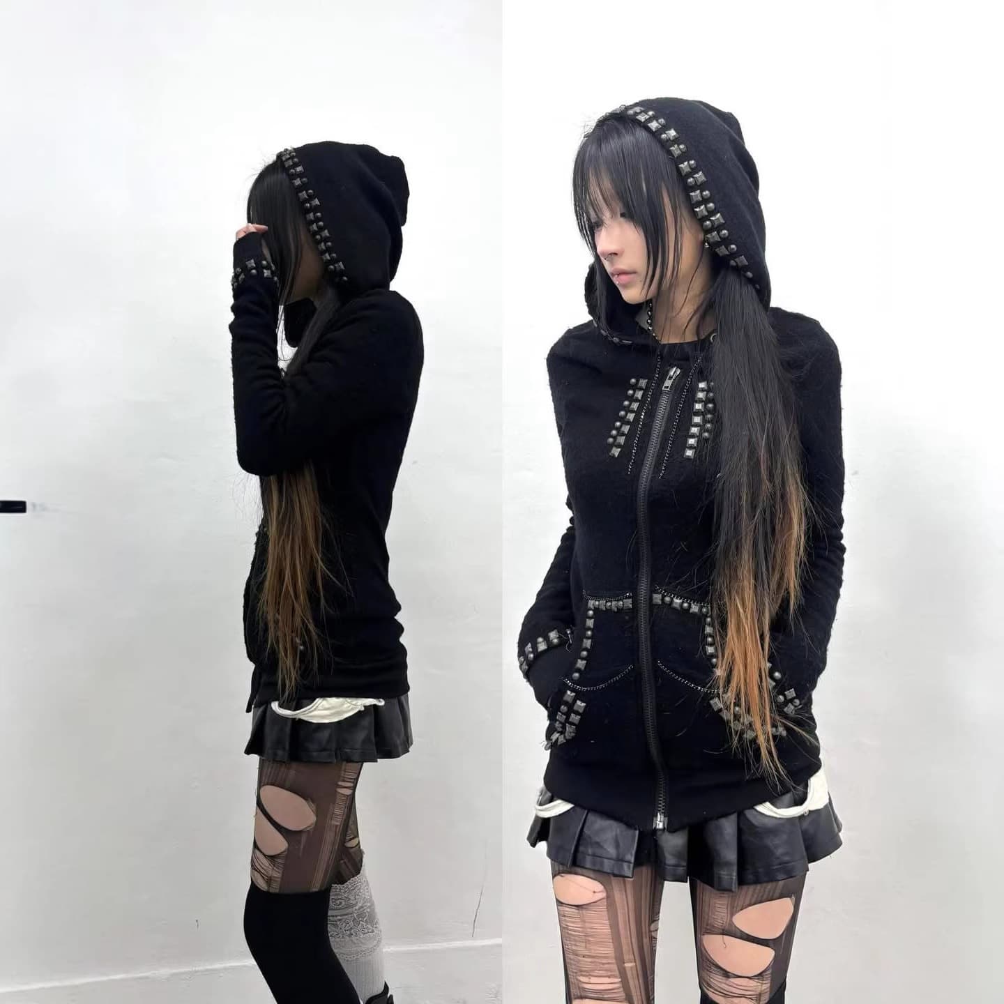 2026 Subculture Punk Dark Style Hooded Cardigan Sweater Rivet Decorated Zipper Street Wear Personalized Top