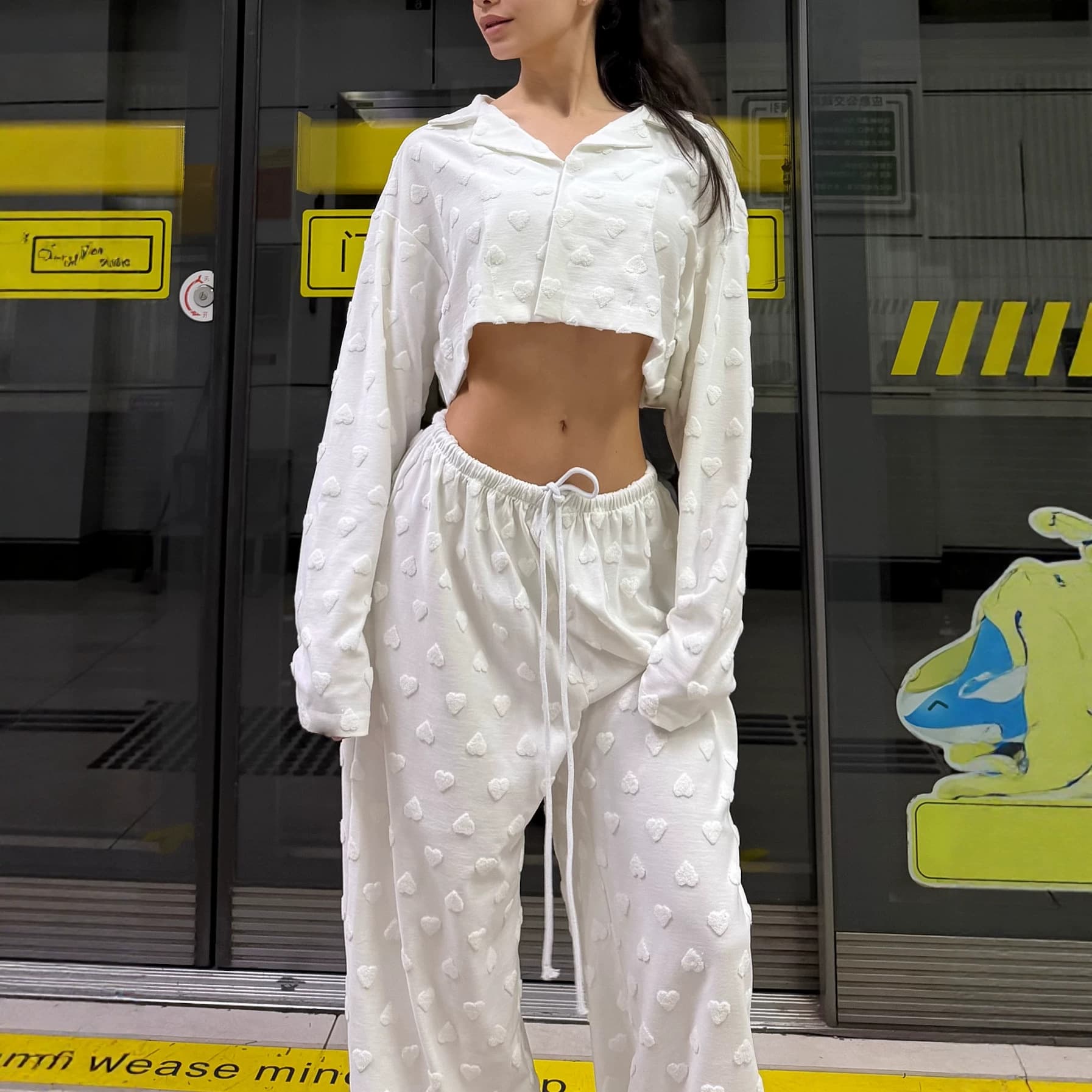 Hot girl short style lapel love jacquard women's long-sleeved trousers suit lapel exposed navel long-sleeved wide-leg pants casual home