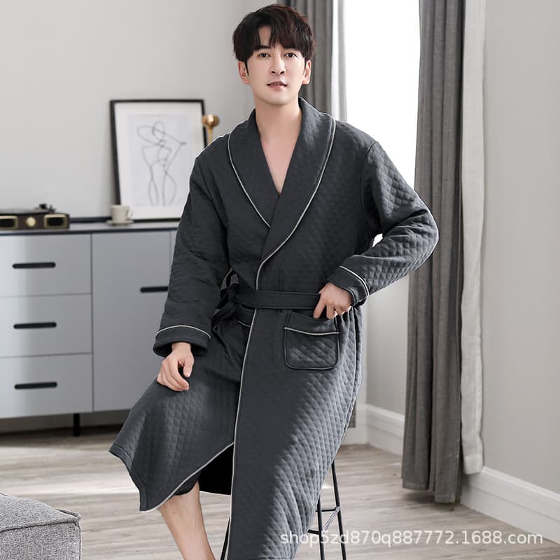 New 2024 Men's Nightgown Mezzanine Autumn and Winter Simple Casual Plus Size Bathrobe Winter Warm Cross-Border Wholesale
