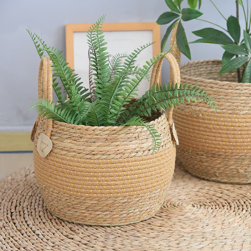Seagrass Woven Plant Decorative Flower Pot Handmade Basket with Handle Rattan Woven Green Plant Potted Grass Woven Living Room Storage Basket