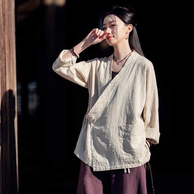 26 Linen Women's New Retro Zen Style Cross-Collar Loose Linen Tie Hanfu Top Jacket Women's Zen Tea Dress