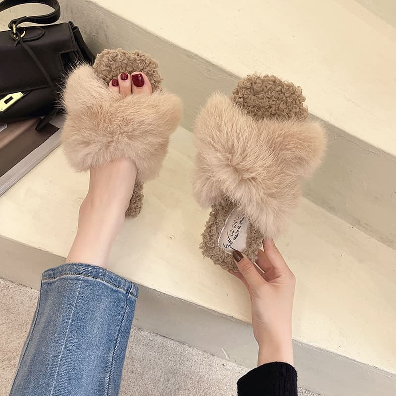 Trendy Real Fur Slippers for Women Ins Versatile New Cotton Slippers 2025 New Autumn Winter Thick Sole Furry Shoes Outdoor Wear