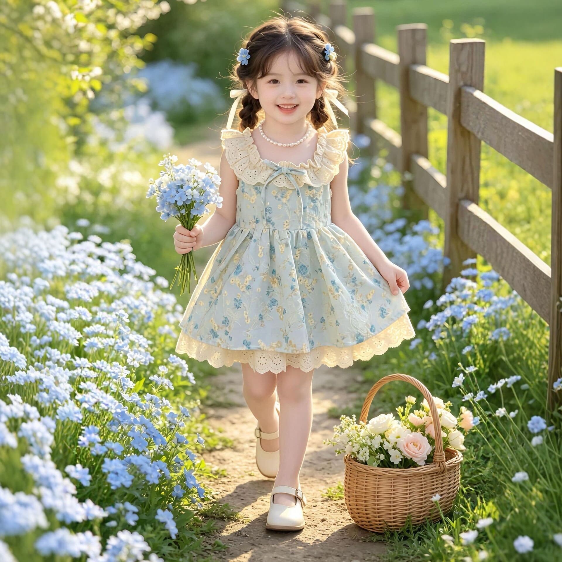 Girls sweet and cute pastoral style floral dress 2026 new summer lace suspender princess dress fashionable