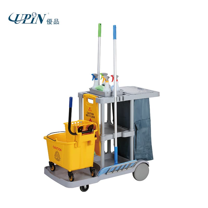 Premium cleaning cart, multi-functional property maintenance trolley for offices and hotels, linen storage cart
