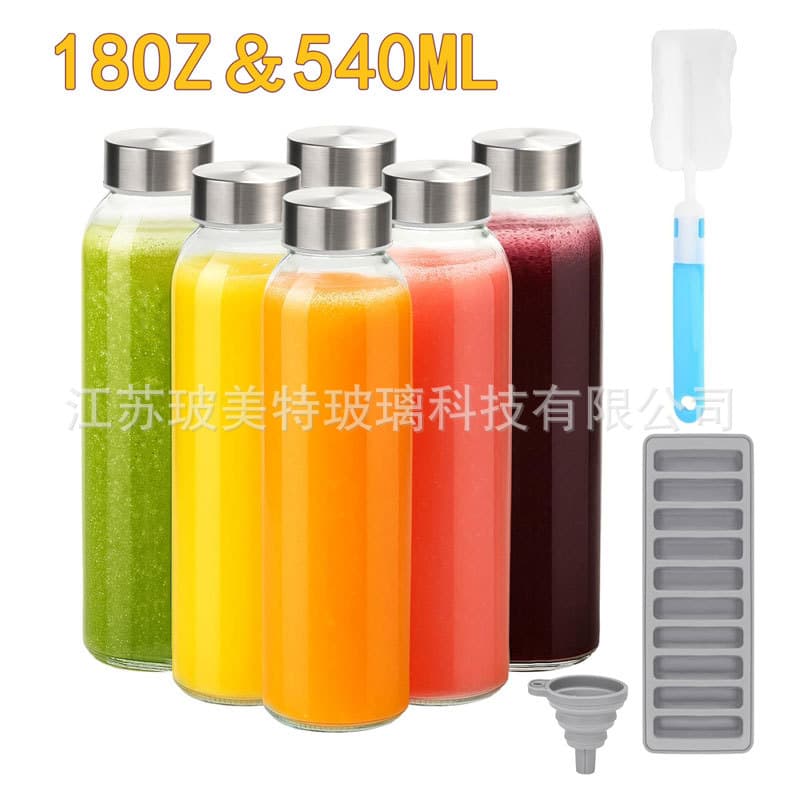 Cross-border 18oz Glass Bottle Mineral Water Bottle Juice Beverage Bottle Fresh Milk Cup Transparent Water Bottle Cup Brush Funnel Ice Cube Tray