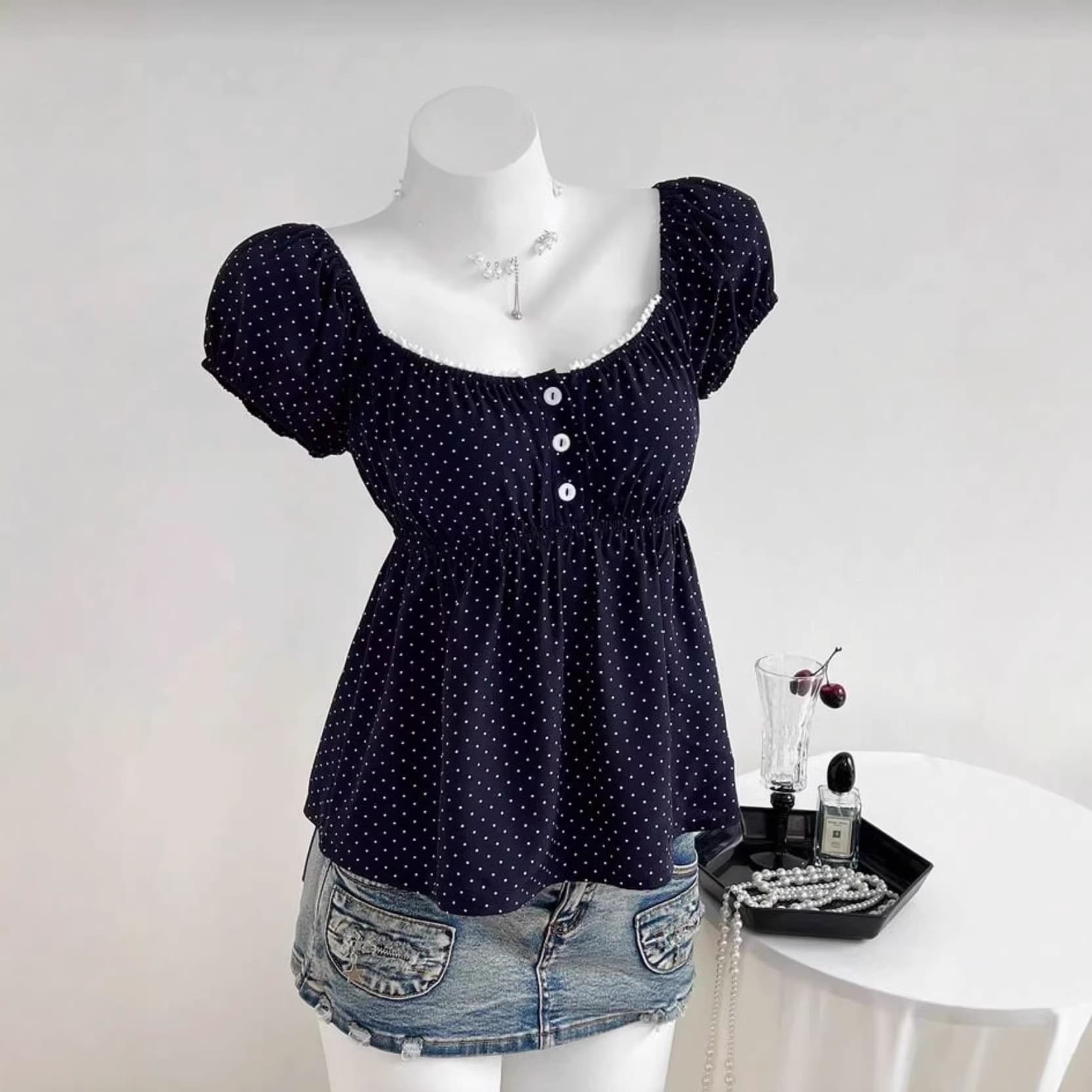 Korean Sweet Style Polka Dot Puff Sleeve Chiffon Blouse for Women, New Summer Square Neck Waist-Cinching Youthful Babydoll Top