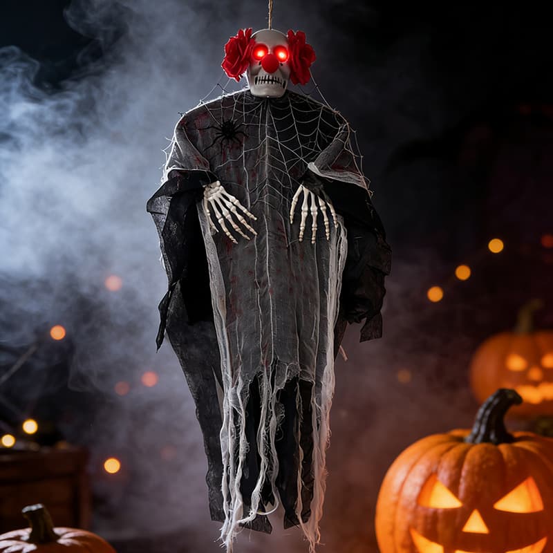 New Halloween Glowing Red Clown Hanging Ghost Decoration Outdoor Horror Props Haunted House Escape Room Decor