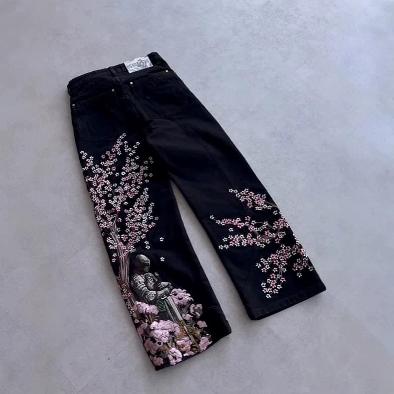 Vescartes Blossom denim black knight embroidered jeans straight loose trousers embroidered pants