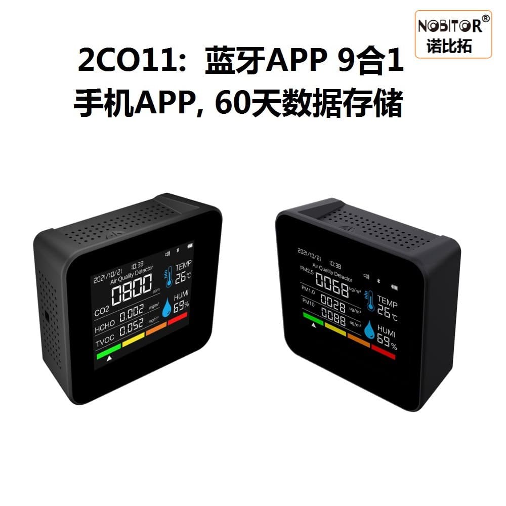 2CO11, Bluetooth 9-in-1 Carbon Dioxide CO2 Detector for Home Use, PM2.5 Air Quality Dust Monitor