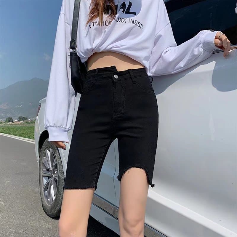 Black Denim Shorts Women's High-Waisted Bicycle Pants Summer Thin Heat Pants Five-Piece Jeans Riding Mid-Length Pants Single Bike