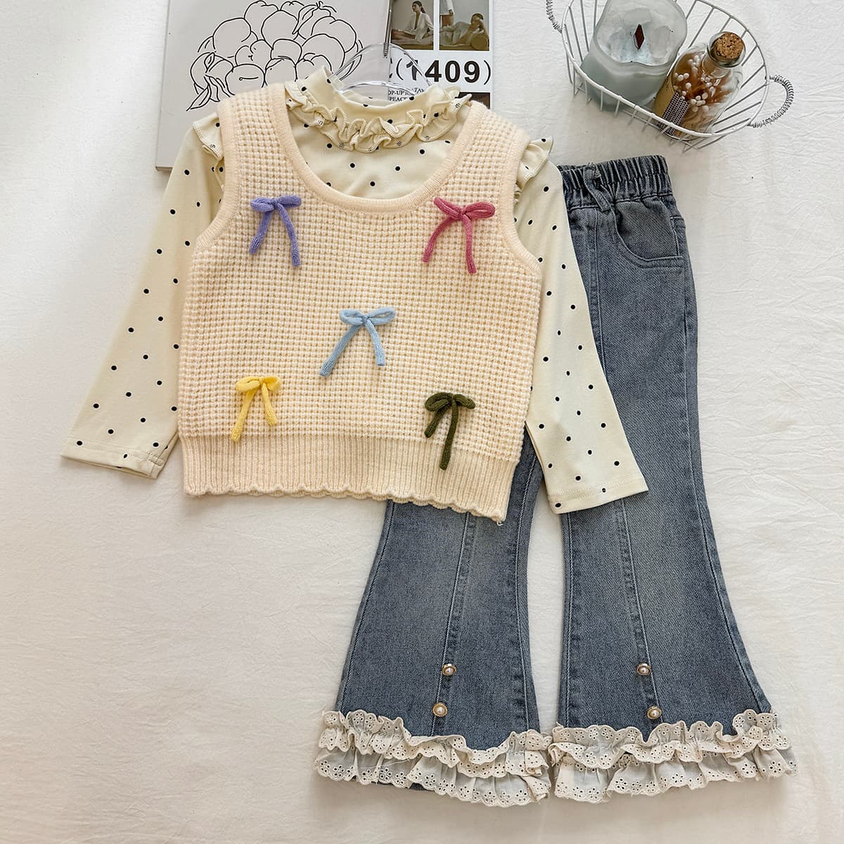 Girls' Colorful Bow Waffle Knit Set - Sleeveless Tank Top with Raw Hem Denim Shorts, Sweet Fall Outfit for Baby Girls