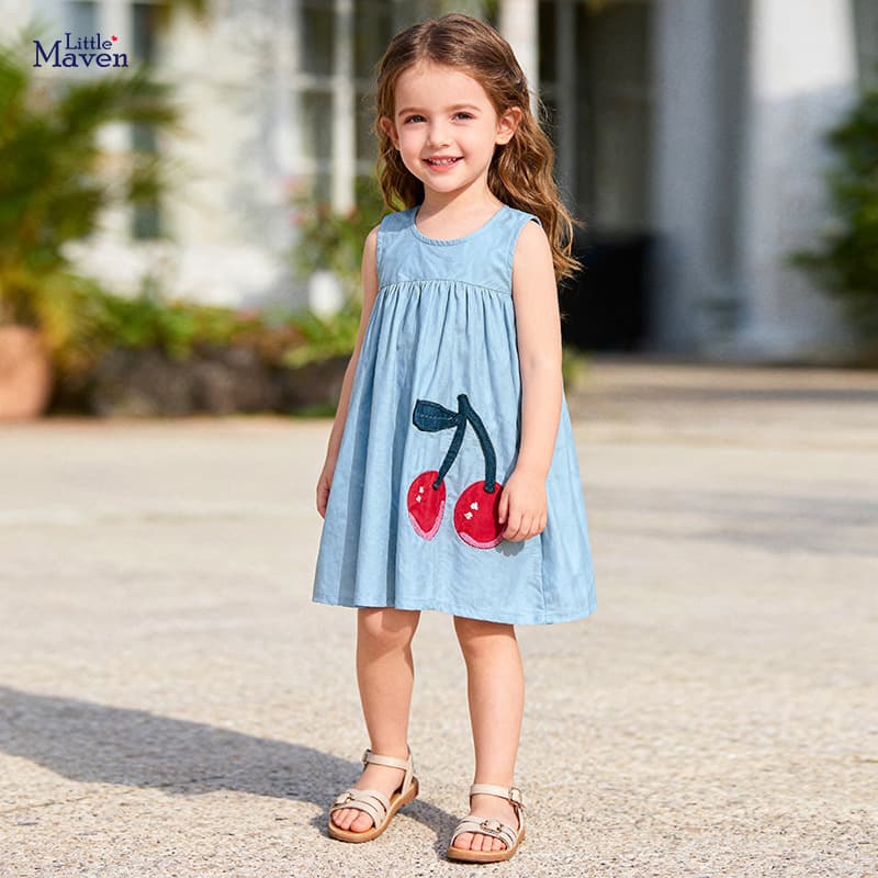 Little Maven Girls Sleeveless Dress Summer Children's Denim Dress European and American Style Cute Cherry Kids Dress