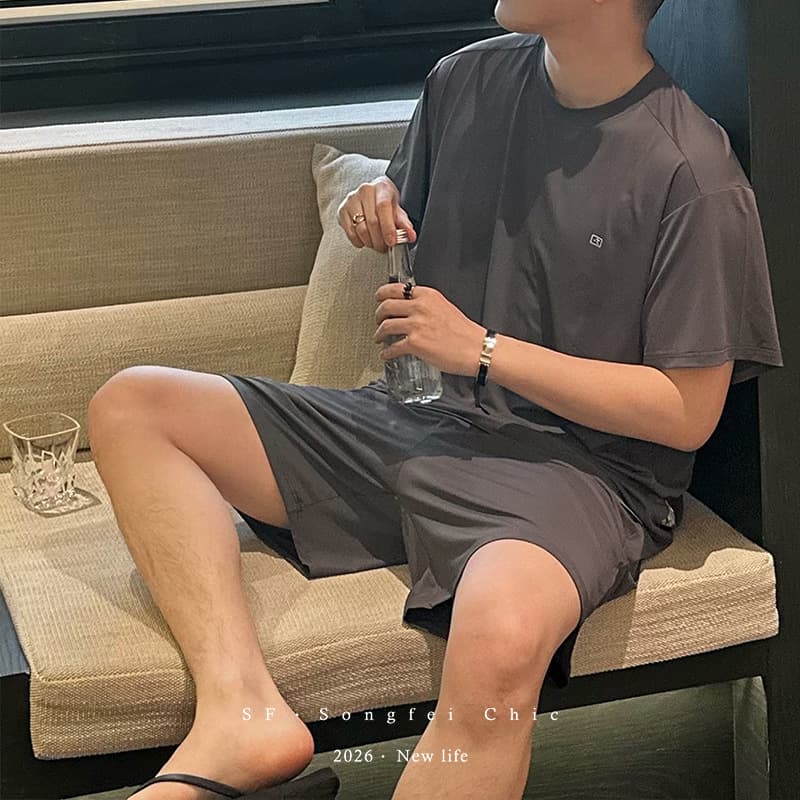 4001 Ice Silk Cool Men's Pajamas Summer Breathable Comfortable Short Sleeve Shorts Loungewear Loose Sportswear Set Cross-Border