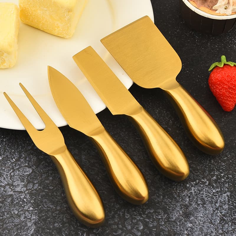 Stainless Steel Cheese Knife Set, Home Cake Cheese Knife Fork Spatula Butter Pizza Knife, Gold Cheese Knife 4-Piece Set