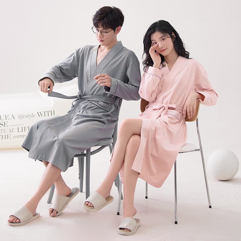 Japanese-style thick 220g pure cotton couple bathrobe, women's long-sleeve bathrobe for spring and autumn, men's all-cotton homewear