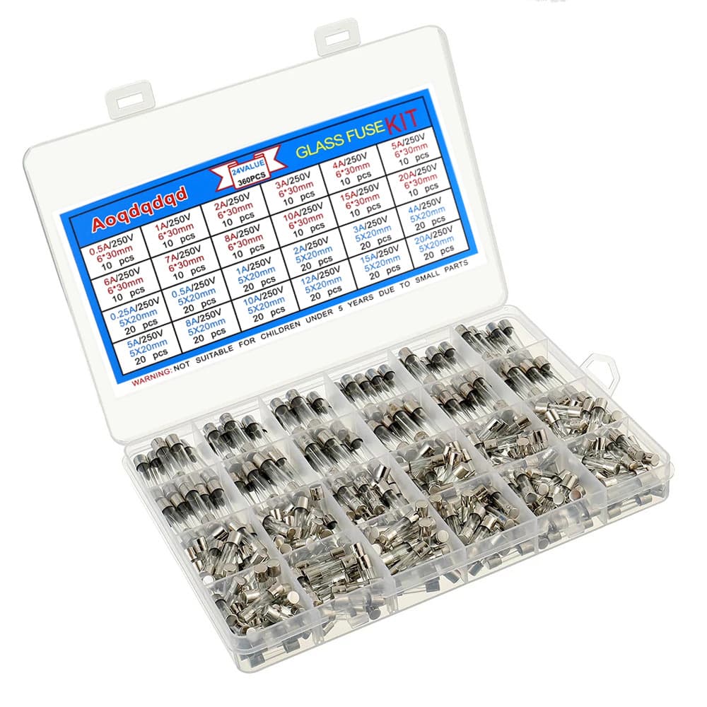 360PCS Glass Fuse Assortment 6x30mm 0.5A-20A and 5x20mm 0.25A-20A for Automotive Use