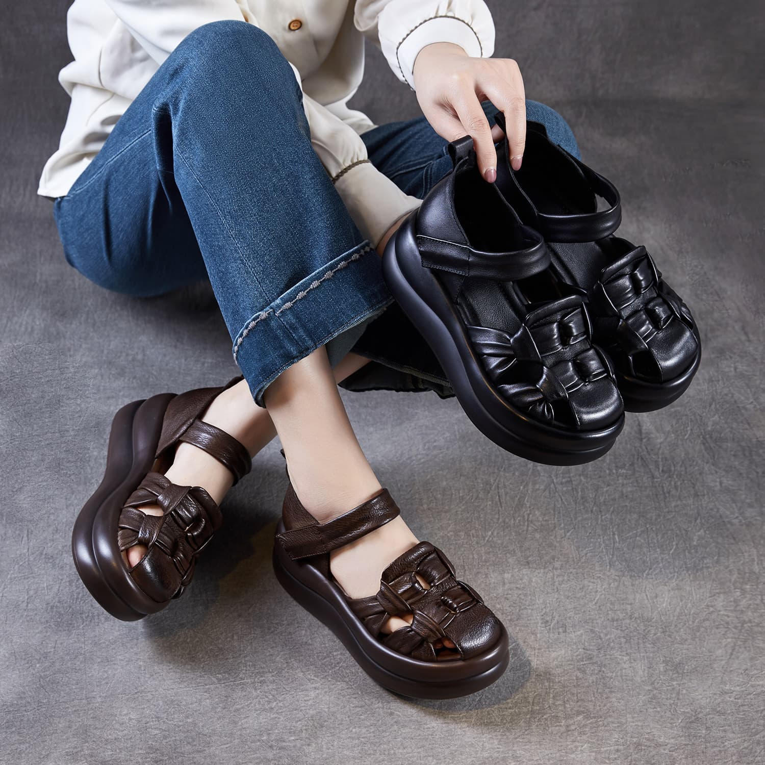 2026 Summer Genuine Leather Platform Height-Increasing Roman Sandals for Women, Made of Cowhide, Retro, Ugly-Cute, Big Toe Closed-Toe Sandals