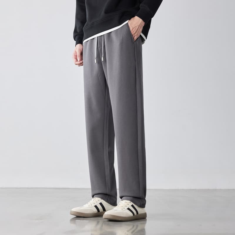 WOOG2005 Dark Gray Stretch Straight Leg Casual Pants for Men 2025 Spring/Autumn New Micro-Loose Fit Drawstring Trousers