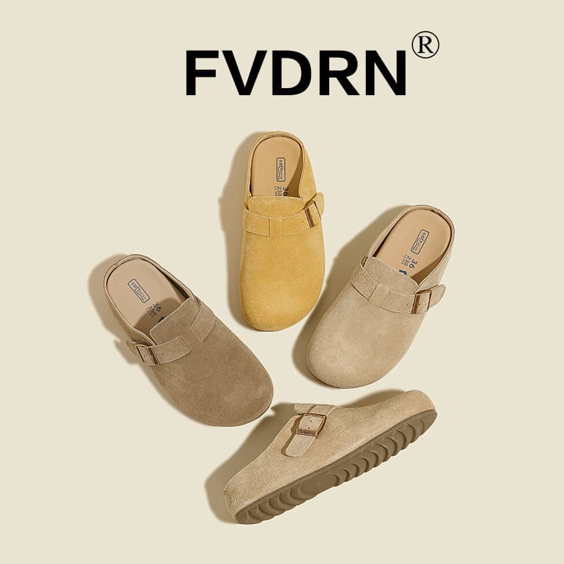 Versatile Genuine Leather Cork Closed Toe Slippers Women 2025 Spring Autumn New Style Casual Retro Lazy Half Slippers Birkenstock Shoes