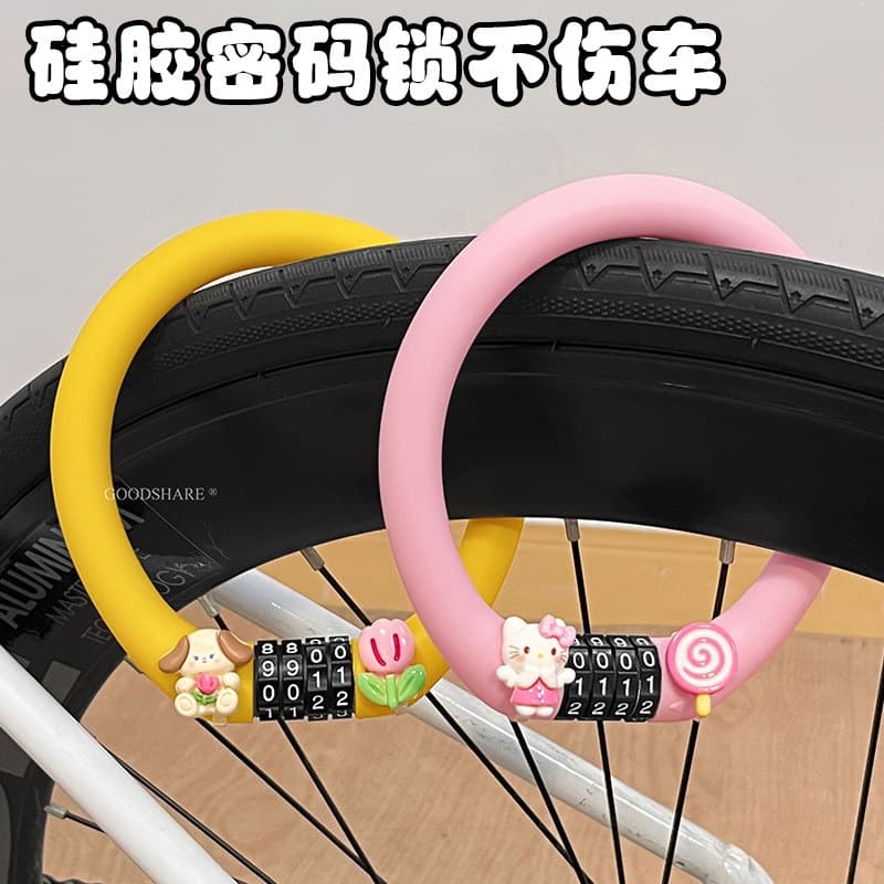 Bicycle Cable Lock with Silicone Coating, Cute KT Cat Pattern, Zinc Alloy Lock Head, Anti-Theft for Mountain and Road Bikes