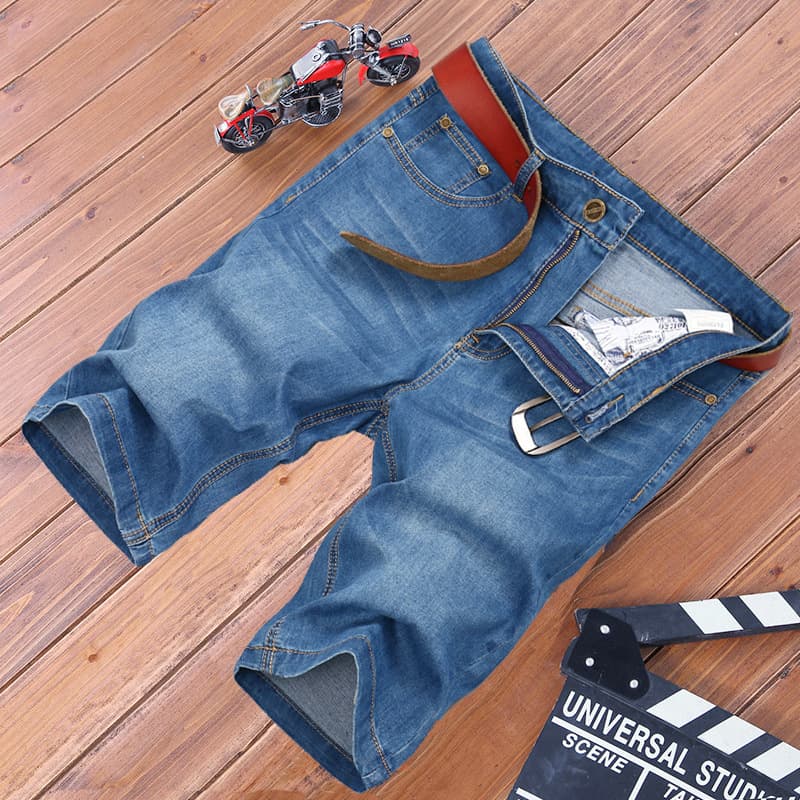 Summer men's thin stretch denim shorts business loose large size five-quarter pants straight loose fat men's pants