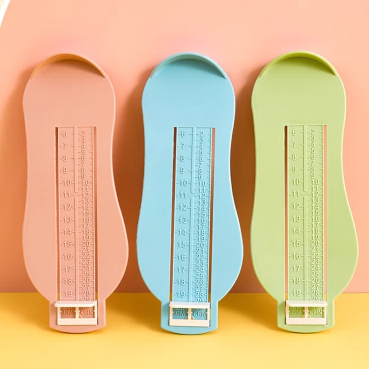 Baby foot measuring device, children's foot measuring instrument, household use for measuring shoe size, universal foot measurement tool.