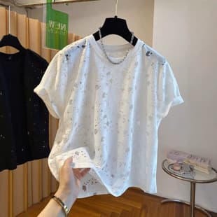 Original Fabric Plus Size 300 Jin Hollow T-Shirt Women's Short Sleeve European Design Loose Beautiful Super Nice Top Summer