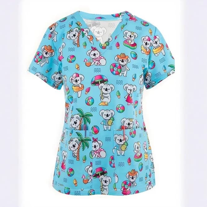 Overseas Hot Selling 3D Digital Print Women's Loose V-Neck Short Sleeve Regular Shoulder Versatile Double Pocket T-Shirt Caregiver Uniform