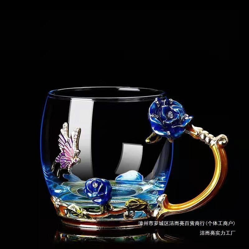 European-style rose enamel carved glass cup, creative home gift, ornament, Valentine's Day cup, tableware, water glass.