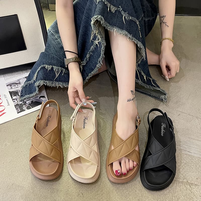 Women's 2023 New Style Comfortable Thick Bottom One Character Slippers Simple Fashion Magic Buckle Strap Women's Flat Slippers