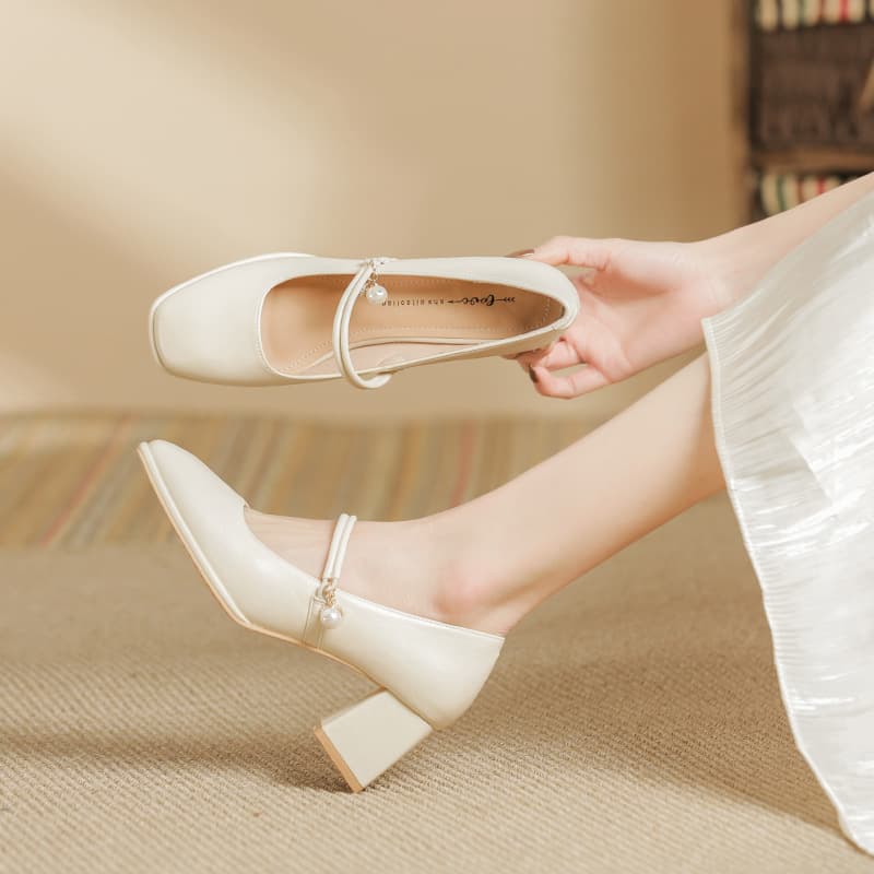 2025 Summer New Fairy Shoes Small Square Toe Thick Heels Shallow Mouth Gentle Evening Breeze Mary Jane High Heels Single Shoes
