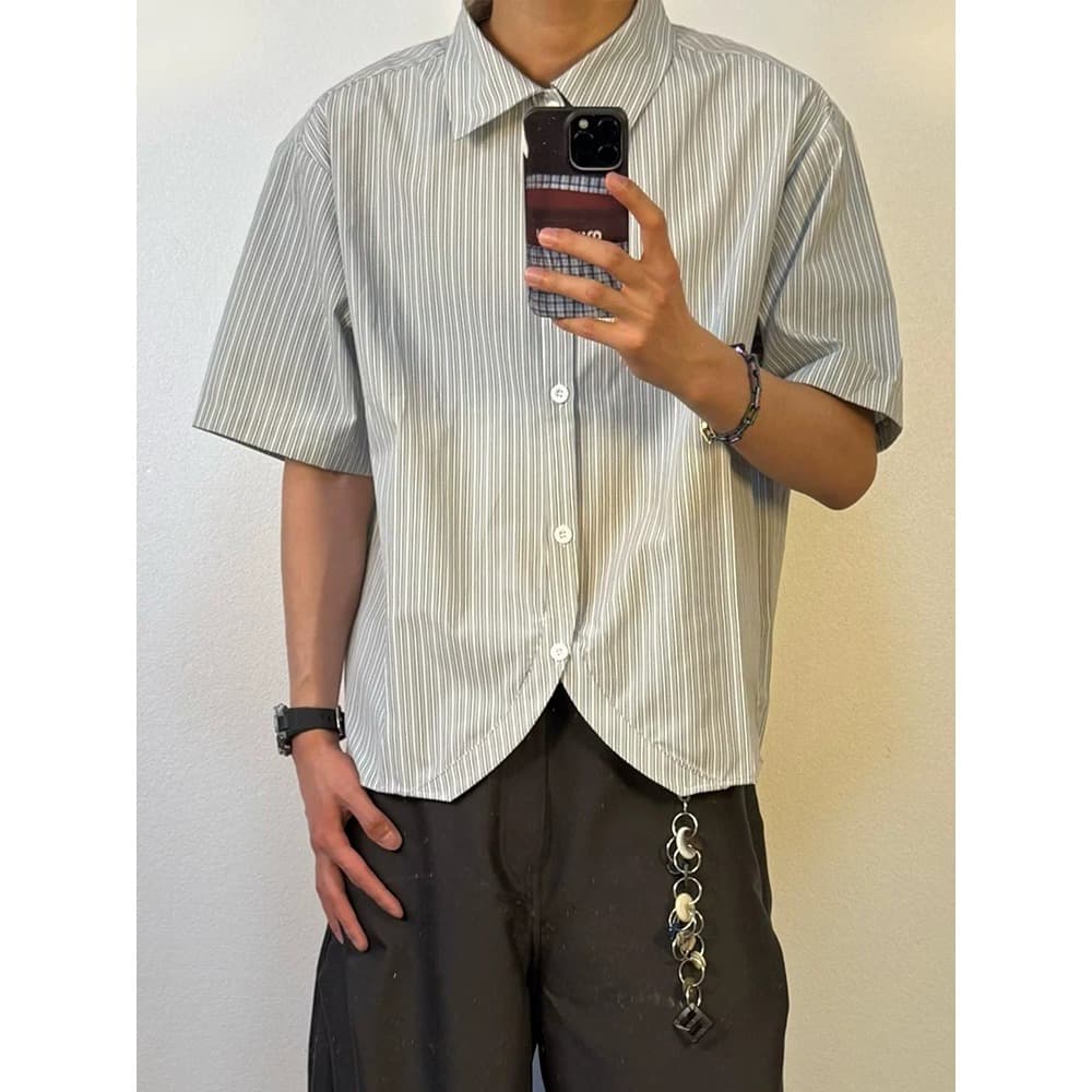 Summer Striped Simple Embroidered Short Sleeve Shirt for Men and Women, American Casual Loose Fit Couple Half Sleeve Striped Shirt