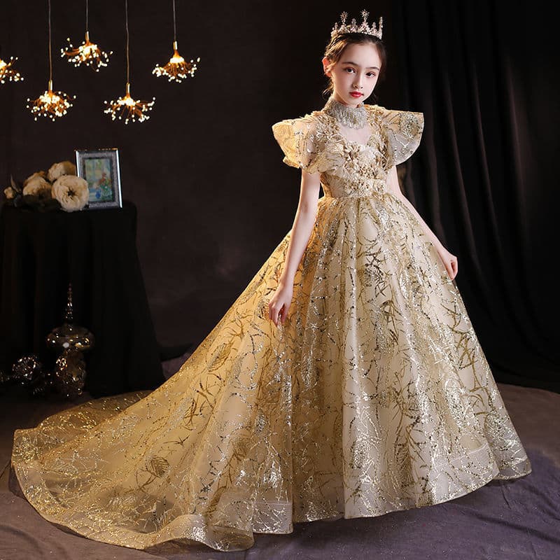 Children's Trailing Evening Gown 2026 Summer New Princess Dress Flower Girl Runway Girl Host Piano Performance Costume