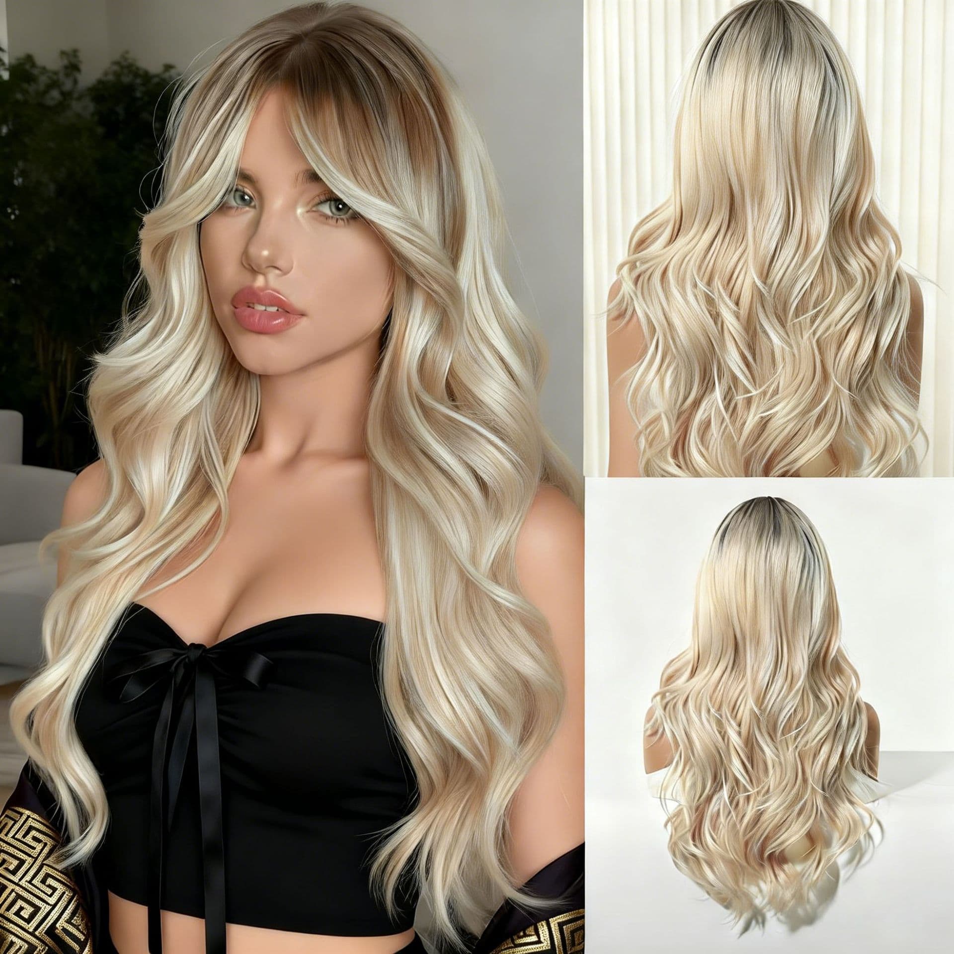 Cross-Border Hot Selling Long Curly Wig for Women, New Platinum Blonde Wig, Middle Part Big Waves, European and American Machine-Made Synthetic Fiber Wig
