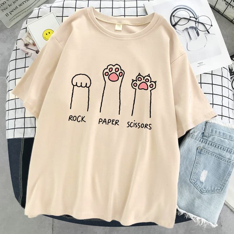 Cross-Border Rock Paper Scissors Funny Cat Print T-Shirt Cross-Border Trendy Straight Fit Cotton