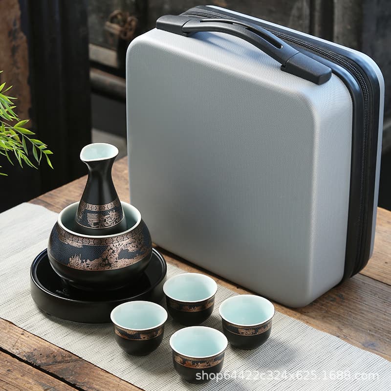 Ceramic Wine Heating Set with Electric Stove and Constant Temperature Pad, Wholesale Yellow Rice Wine Decanter, Dropshipping Supported