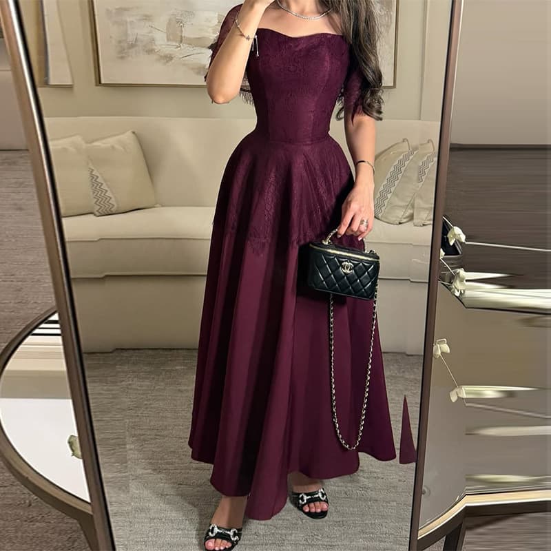 2026 foreign trade cross-border European and American Amazon new summer square neck waist dark red temperament big swing dress