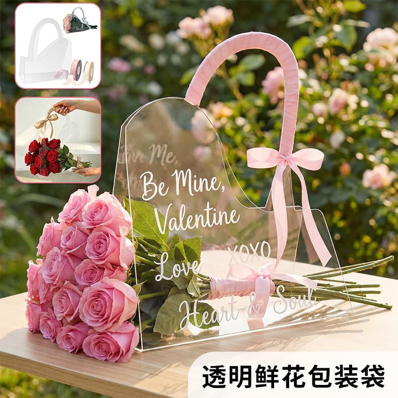 In Stock Fresh Flower Handbag PET Transparent Packaging Bag Ins Simple Bouquet Gift Bag Plastic Packaging Wholesale