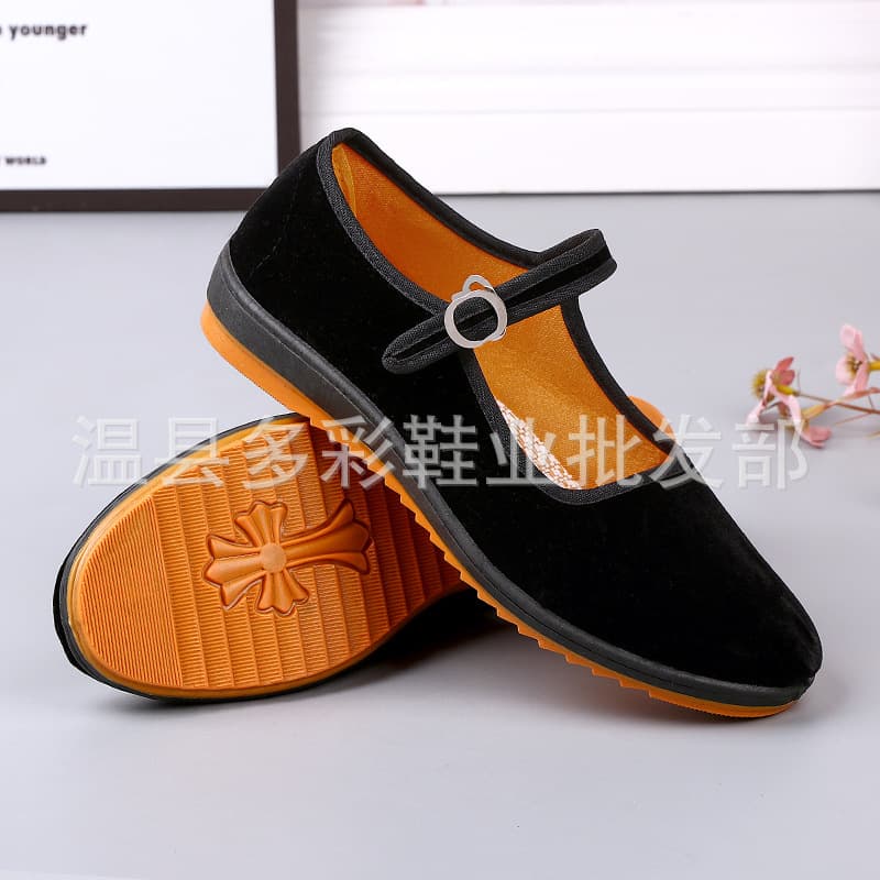 Old Beijing Cloth Work Shoes for Women, Black Flat Heel, Hotel Dance Shoes, Chinese Restaurant Server Shoes with Single Strap