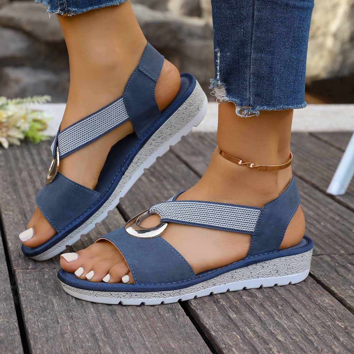 Fish-Mouth Sandals for Women with Metal Buckle, Cross-Border Trade, Decorative Hemp Rope, Amazon, European and American Style, Wedge Heel, Large Size Women's Sandals
