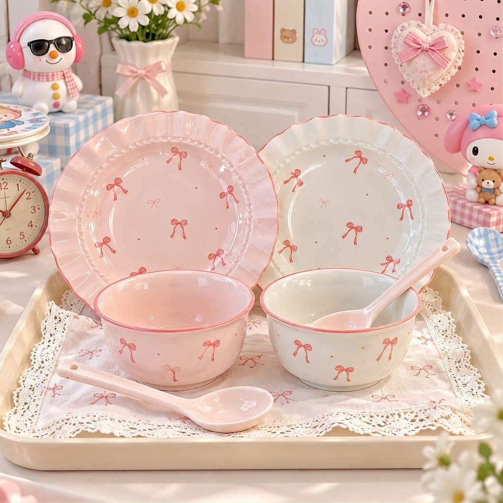 Bowknot Bowl and Dish Set Home 2026 New Bowl Plate Chopsticks Ceramic Tableware for One or Two People Couple Plates